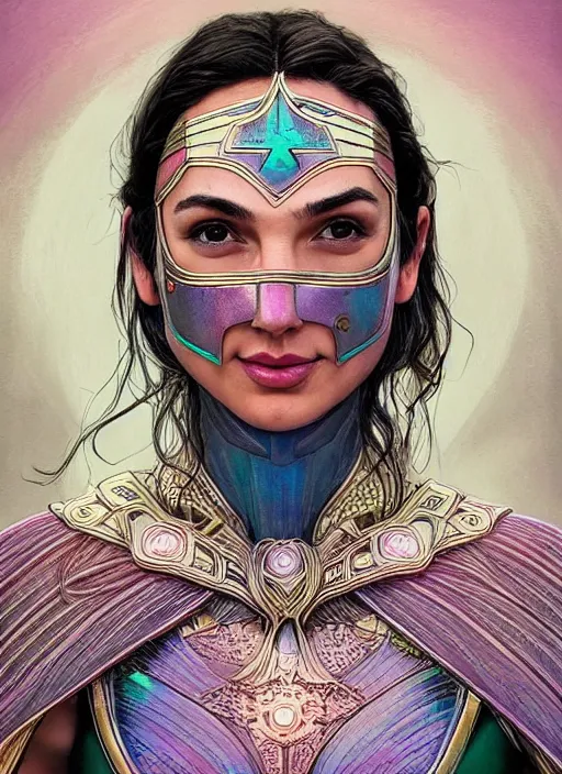 Image similar to “ gal gadot as adorable woman wear beautiful intricate mask, pastel color, iridescent, highly detailed, tarot card featured on artstation, cgsociety, artgerm, clear symmetrical face, by moebius, kelly mckernan, skeeva and tom bagshaw, 8 k, intricate details, fantasy, character design, concept art ”