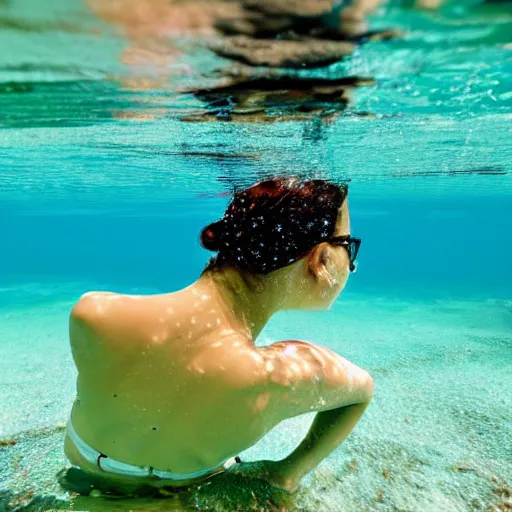 Prompt: 8k UHD under water photograph lithe carefree girl swimming in lagoon, taken from below, detailed