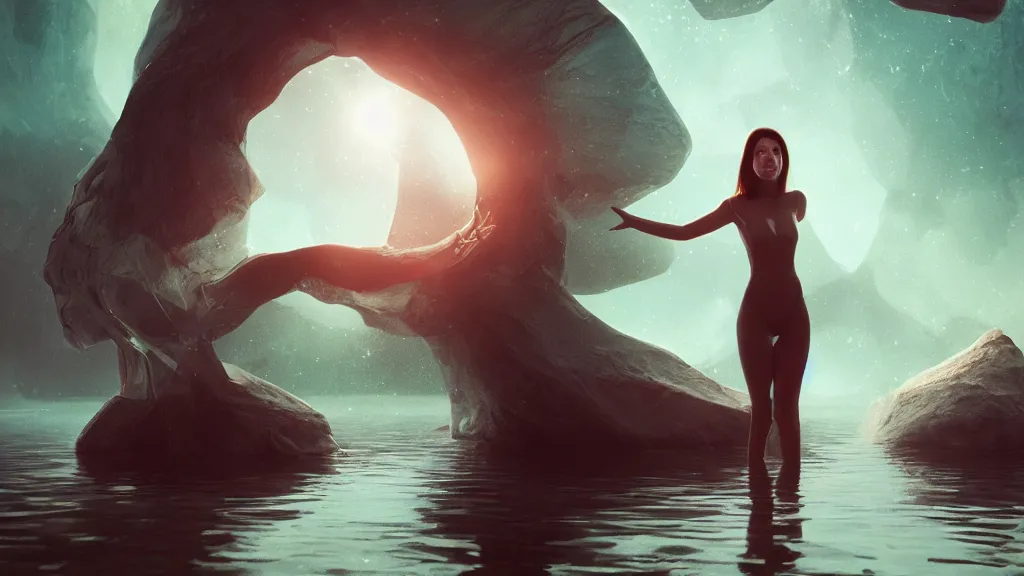 Prompt: whimsical, A beautiful woman standing in a lake, raising an arm, under a black hole with a ring, by Ross Tran, by Greg Rutkowski, by artgerm, by beeple, volumetric lighting, 4k resolution, octane render, trending on artstation