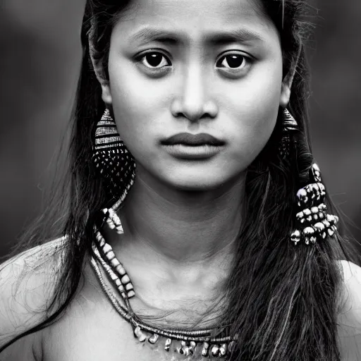 Image similar to portrait of a stunningly beautiful alluring nepalese tribal female, depth of field, zeiss lens, detailed, symmetrical, centered, fashion photoshoot, by annie leibovitz and steve mccurry, david lazar, jimmy nelsson, breathtaking, 8 k resolution, extremely detailed, beautiful, establishing shot, artistic, hyperrealistic, beautiful face, octane render