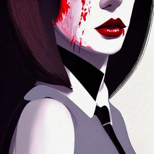 Prompt: young professional killer female in black tuxedo, stained with blood, muted colors, matte print, pastel colors, 2d, ultra highly detailed, smooth, sharp focus, digital art, digital painting, fan art, elegant, artstation, head is centered, by Ilya Kuvshinov