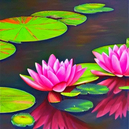 Image similar to waterlily flower, bright colors, painting, detailed, magical environment, peaceful, beautiful, artwork, realistic detail, natural lighting, brush strokes, pintrest, behance