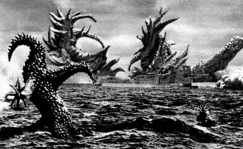 Prompt: a filmstill of Kim Jong-il and a starfish monster destroying Pyongyang, in Godzilla (1954) by Ishirō Honda, epic ultrawide shot, cinémascope