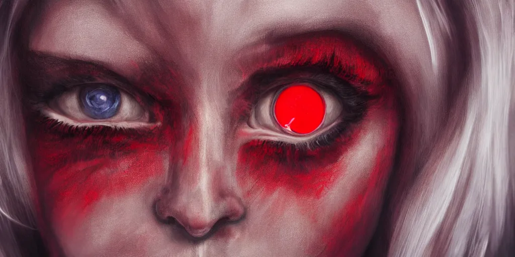 Image similar to realistic portrait of a witch woman with glowing red eyes, detailed, ultra realistic, 8 k