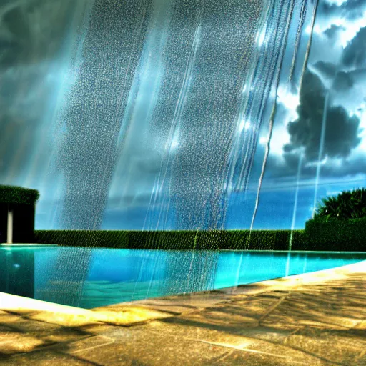 Prompt: Palace of the chalice, refracted sparkles, motion blur, accidental pic, thunderstorm, greek pool, beach and Tropical vegetation, 2005 blog, dslr camera IMG_4016