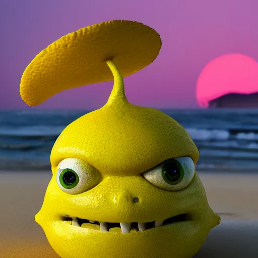 Image similar to 3 d render, of anthropomorphic lemon character looks like a monster from the movie وmonsters inc, with lemon skin texture, he is wearing a hat, building a sandcastle on the beach at sunset, beach, huge waves, sun, clouds, long violet and green trees, rim light, cinematic photography, professional, sand, sandcastle, volumetric lightening