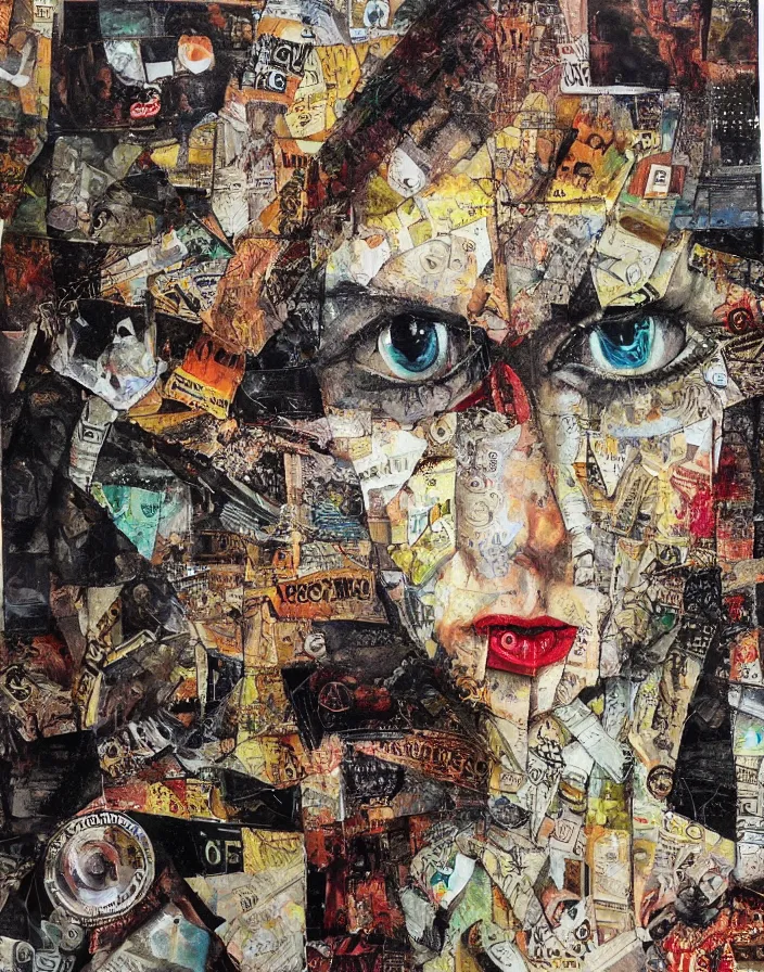 Prompt: distortion of reality detailed mixed media collage with canvas texture, conteporary art, punk art, realistic face, photorealistic, expressionism, masterpiece, perfect composition, spectacular quality, intricate oil details