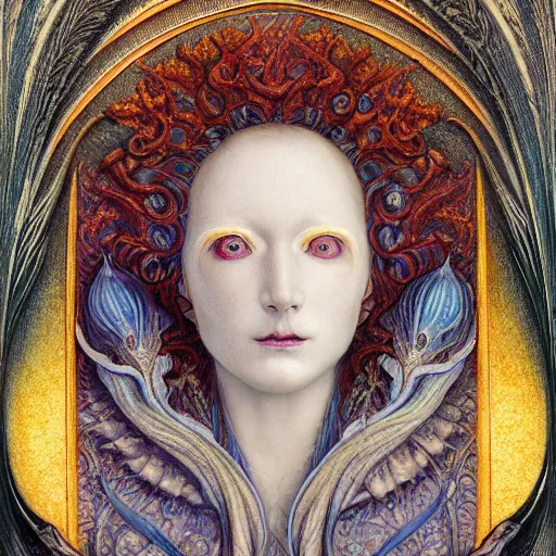 Image similar to detailed colorful realistic beautiful devil vampire face portrait by jean delville, gustave dore, iris van herpen and marco mazzoni, art forms of nature by ernst haeckel, art nouveau, symbolist, visionary, gothic, neo - gothic, pre - raphaelite, intricate alien botanicals, ai biodiversity, surreality, hyperdetailed ultrasharp octane render