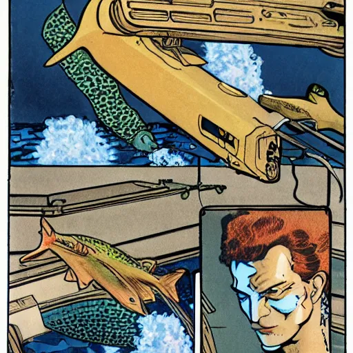 Prompt: two cods talking to eachother in deep sea, art by howard chaykin