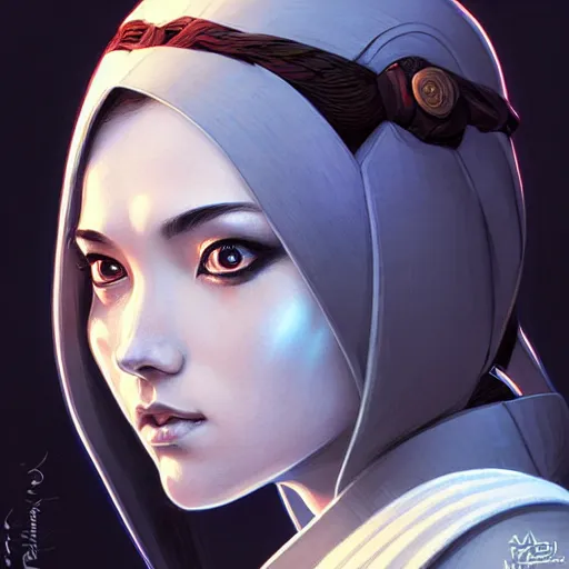 Image similar to one female jedi master, wearing the traditional jedi robe, beautiful and uniquely odd looking, detailed symmetrical close up portrait, intricate complexity, in the style of artgerm and ilya kuvshinov, magic the gathering, star wars art