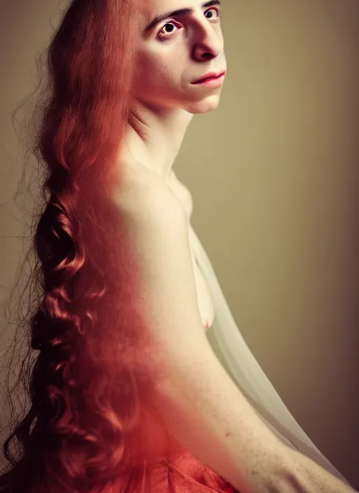 Prompt: portrait photography of a beautiful woman, in fine art photography style of Lindsay Adler- Giovanni Gastel, brit marling style 2/4 , natural color skin pointed in rose, long red hair with an intricate hairstyle, full body dressed with a ethereal transparent voile dress, elegrant, 8K, soft focus, melanchonic soft light, volumetric dramatic lighting, highly detailed Realistic, hyper Refined, Highly Detailed, natural point rose', outdoor sea and storm soft lighting, soft dramatic lighting colors scheme, soft blur lighting, fine art fashion photography