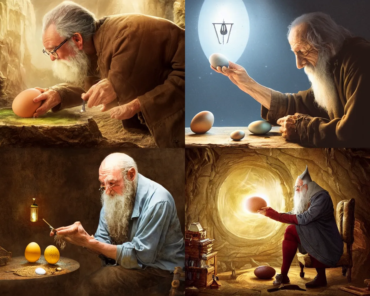 Prompt: old wizard examining a creature egg with a calipers in a magical study, depth of field, dramatic lighting, cinematic, vivid colors, matte painting