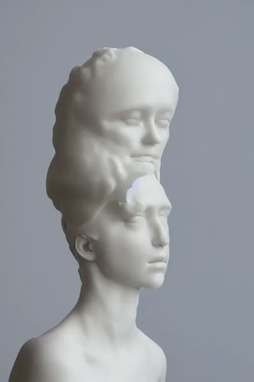 Image similar to full head and shoulders, female porcelain sculpture by daniel arsham and raoul marks, smooth, all white features on a white background, detailed white 3 d giant poppies on the head