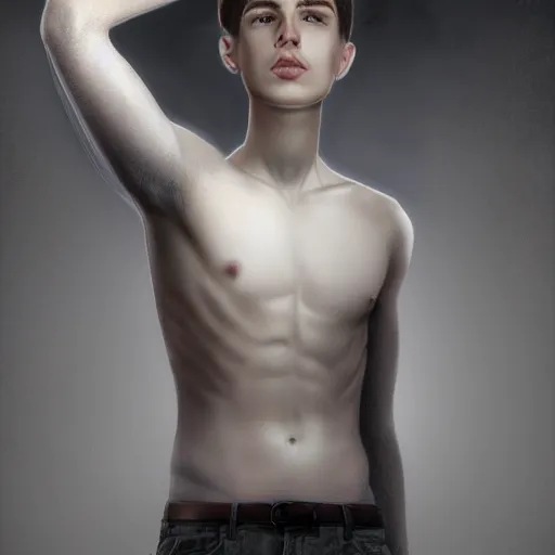 Prompt: beautiful angelic full body portrait of handsome young man with pale skin and short dark hair, clean shaven, pretty, ultra detailed, intricate, hyper realistic, high definition, 4 k, trending on artstation