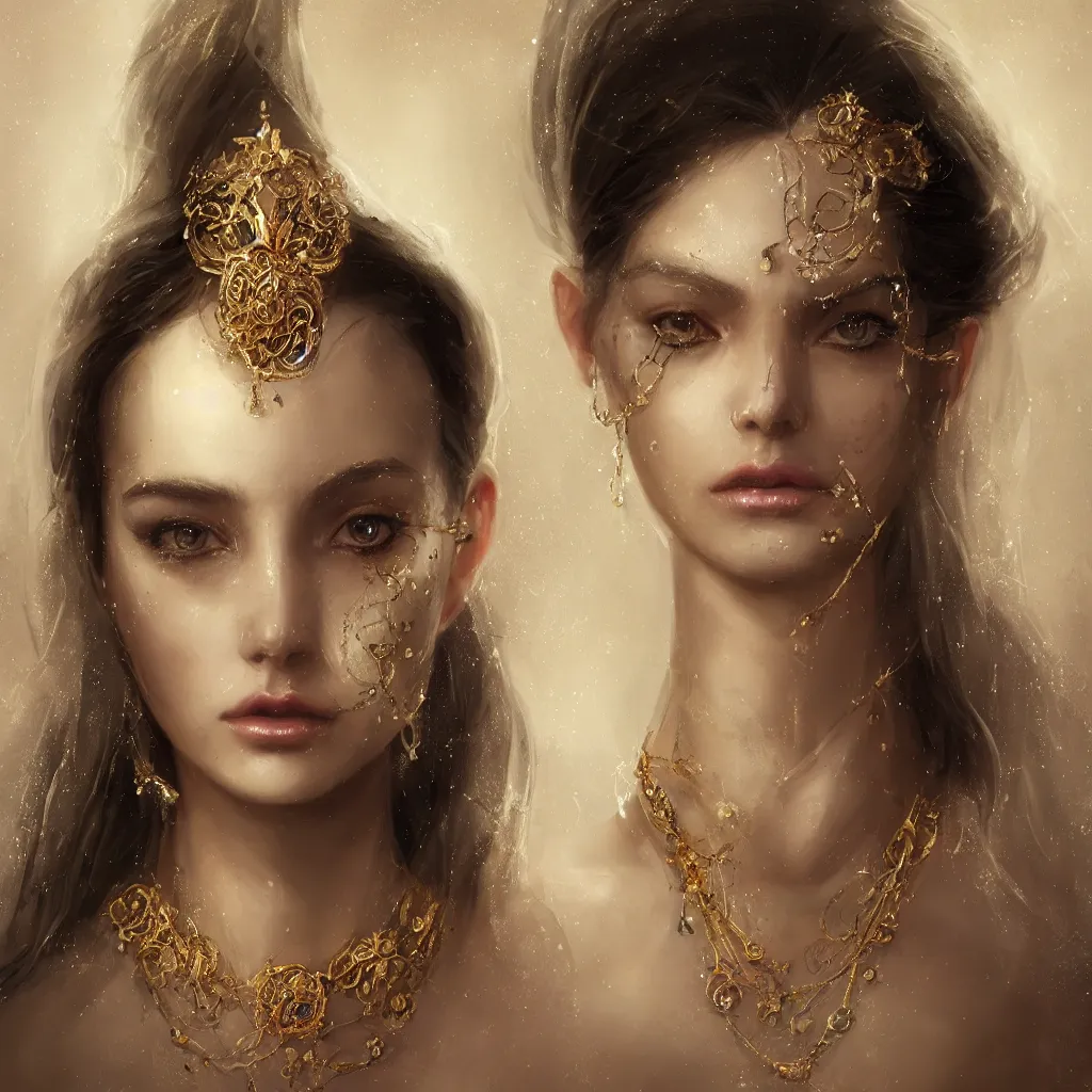 Prompt: realistic character concept, young princess with lots of jewelry in the face, elegant pose, scifi, illustration, slender symmetrical face and body, artstation, cinematic lighting, hyperdetailed, cgsociety, 8 k, high resolution, charlie bowater, tom bagshaw, single face, insanely detailed and intricate, beautiful, elegant, golden ratio, dark fractal background, vfx, postprocessing