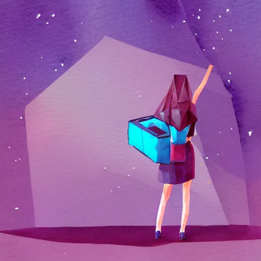 Prompt: an low poly watercolor illustration of a girl with an old printer in deep space, flat synthwave art style, lavender purple