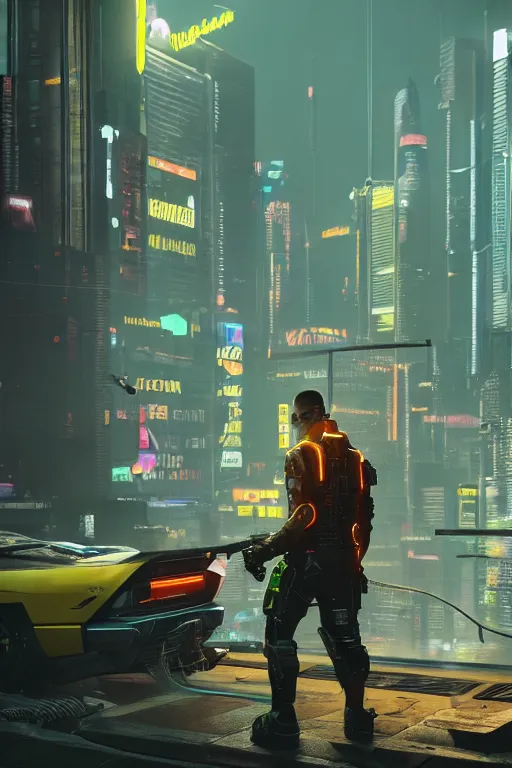 Image similar to gordon freeman in cyberpunk 2 0 7 7, medium shot, background is filled with neon lights and futuristic vehicles, trending on artstation, ultra realistic, 4 k