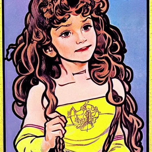 Image similar to a little girl with a mischievous face and short wavy curly brown hair. she is dressed as a knight. well composed, clean elegant painting, beautiful detailed face. comic book art by steve ditko and jack kirby and alphonse mucha