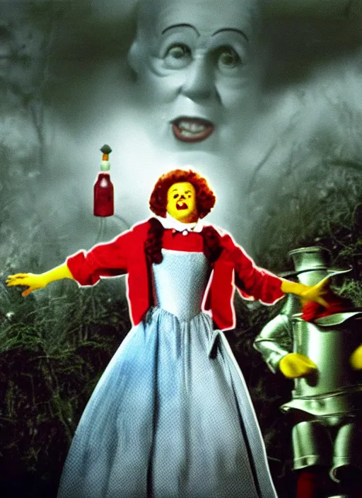 Image similar to an award winning scene still of ronald mcdonald in the wizard of oz movie, gloomy atmosphere, digitally enhanced colour restoration