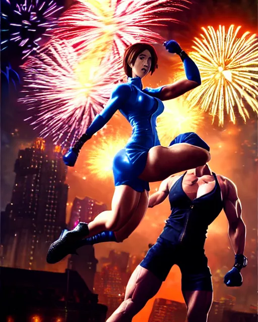 Image similar to gigachad jill valentine bodybuilder jumping in front of a fireworks show fighting wearing a suit in the fight club city, fantasy character portrait, ultra realistic, anime key visual, full body concept art, intricate details, highly detailed by greg rutkowski, ilya kuvshinov, gaston bussiere, craig mullins, simon bisley