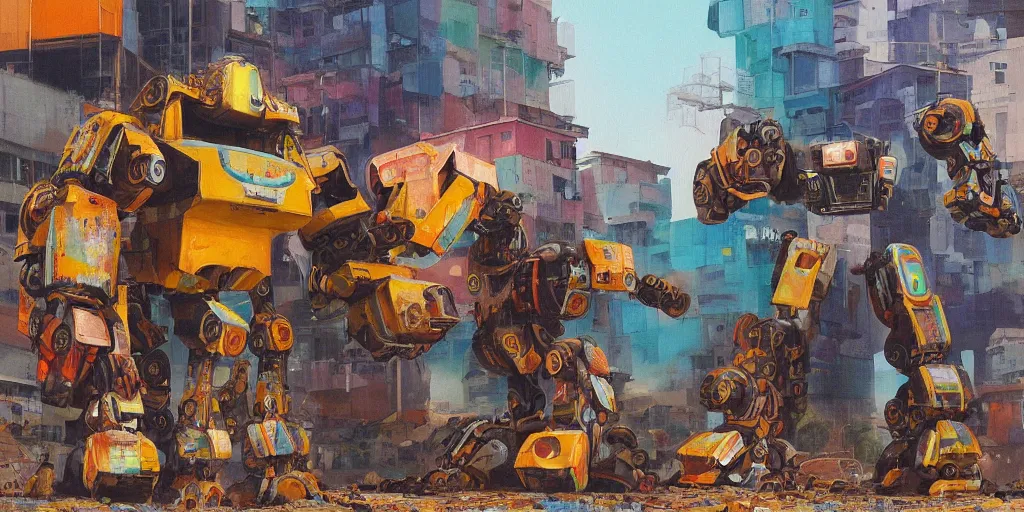 Image similar to colourful - damaged - giant mecha ROBOT of AJEGUNLE SLUMS in Lagos, markings on robot, Golden Hour, painting by Hsiao-Ron Cheng,