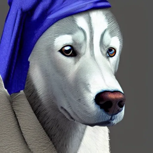 Image similar to girl with a pearl earring but as a siberian husky dog, ultra realistic, very detailed