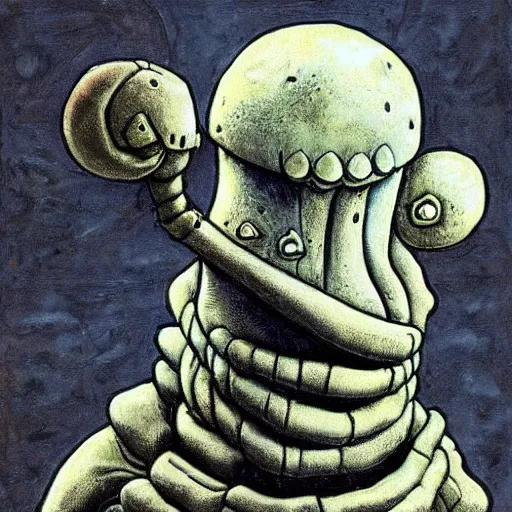 Prompt: squidward as a dark souls boss by H.R. Giger