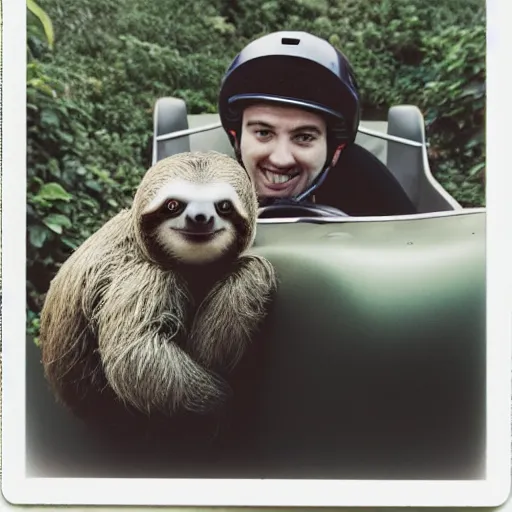 Prompt: photo of a sloth in a go kart on a race track holding a banana, polaroid 6 0 0 film