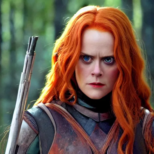 Prompt: close - up movie still of cute redhead alicia silverstone as frustrated sith mara jade on the forested mountain planet wayland in star wars episode vii : heir to the empire