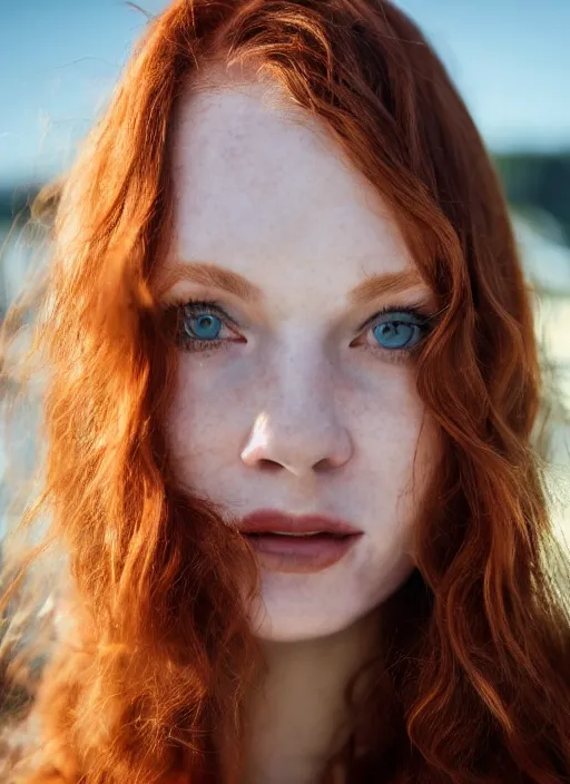 Image similar to close up portrait photograph of a thin young redhead woman with russian descent, sunbathed skin, with deep blue eyes. Wavy long maroon colored hair. she looks directly at the camera. Slightly open mouth, face takes up half of the photo. a park visible in the background. 55mm nikon. Intricate. Very detailed 8k texture. Sharp. Cinematic post-processing. Award winning portrait photography. Sharp eyes.