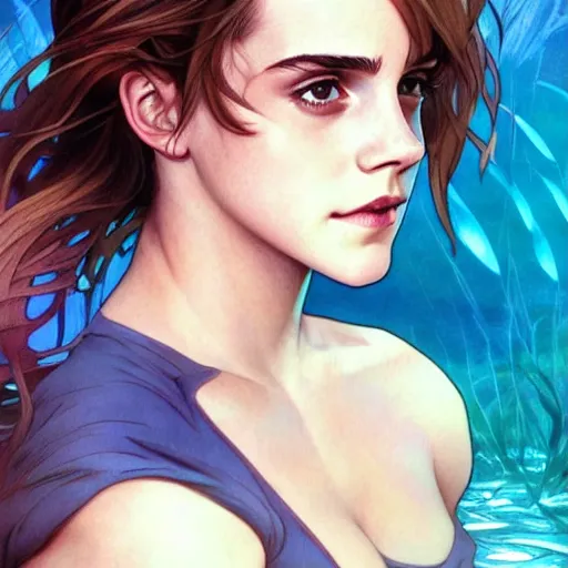 Image similar to emma watson under water, perfect coloring, low saturation, epic composition, masterpiece, bold complimentary colors. stunning masterfully illustrated by artgerm, range murata, alphonse mucha, katsuhiro otomo