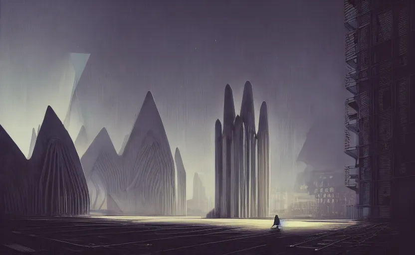 Image similar to exterior shot of utopian brutalist gothic architecture with cinematic lighting by zaha hadid peter zumthor and renzo piano and, darek zabrocki and greg ruthkowski, simon stalenhag, cinematic, holy place, paradise, scifi, futurism, atmospheric, concept art, artstation, trending on artstation