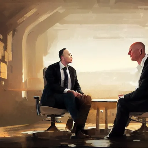 Image similar to illustration of a meeting between elon musk, mark zuckenberg, jeff bezos, very clear face, high quality, very detailled, by artgem, greg rutkowski, ruan jia