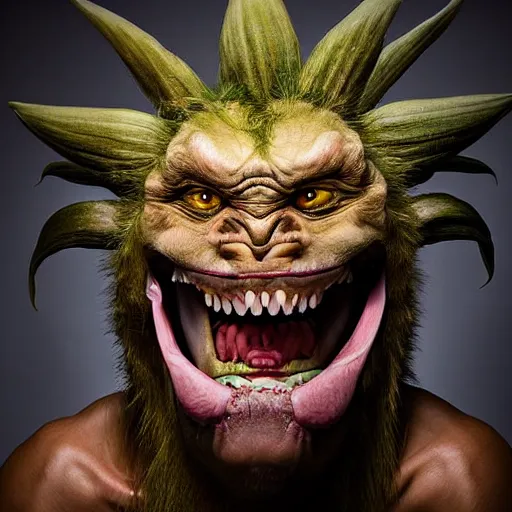 Image similar to a frontal studio headshot photograph of an elder demon resembling a large lily asiatic with teeth.