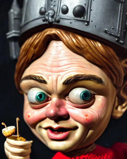 Image similar to highly detailed closeup, face profile portrait of a tin toy leonardo dicaprio as a medieval goblin eating cakes in a castle, hyper realistic, artstation, illustration, nicoletta ceccoli, mark ryden, lostfish, dan decarlo, bob clampett, max fleischer, digital paint, matte paint, vivid colors, detailed and intricate environment