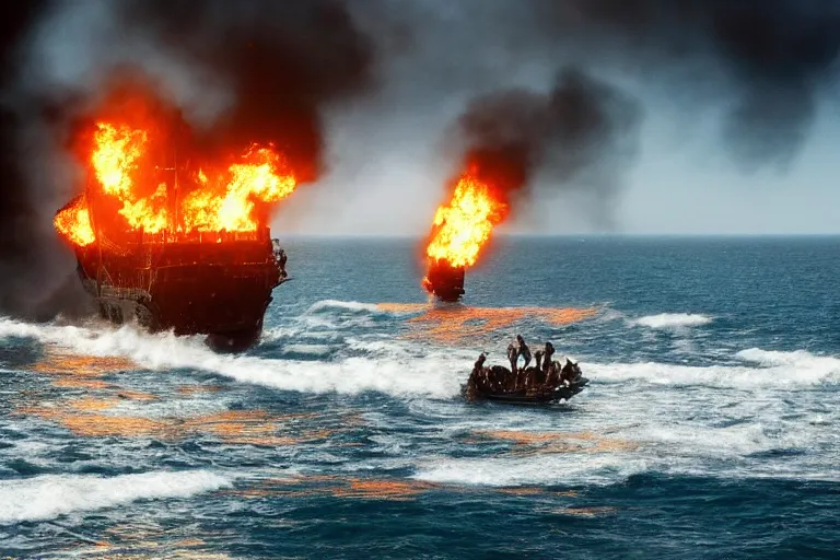 Prompt: vfx movie closeup portrait pirate crew running down beach as pirate ship fires canons, 8 5 mm sand explosion by emmanuel lubezki