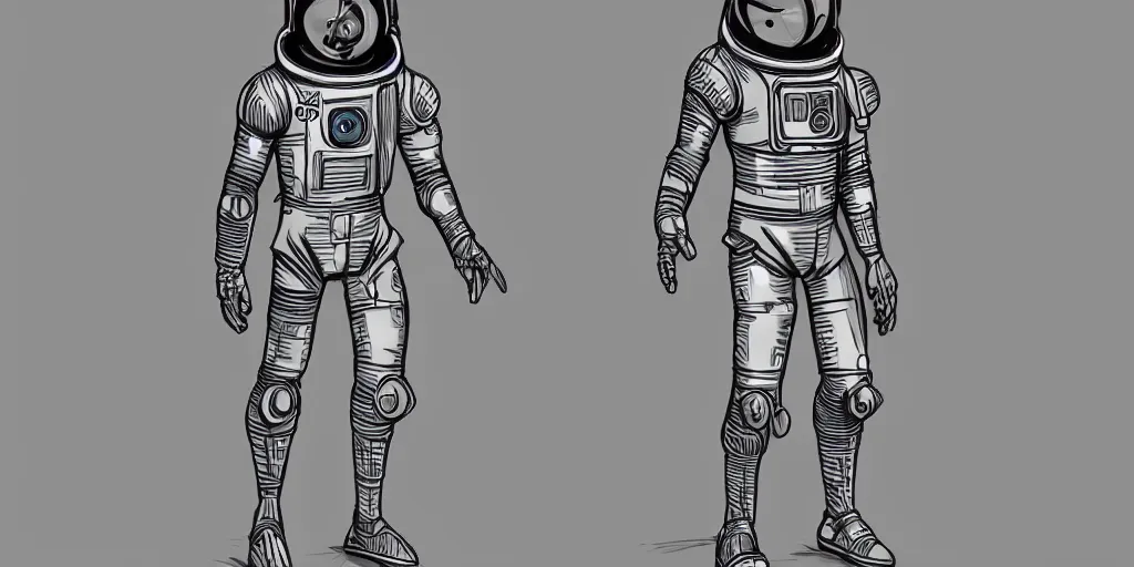 Image similar to male, fully body, science fiction space suit with a helmet, large shoulders, short torso, long thin legs, tiny feet, character sheet, funko, digital sketch, hyperdetailed, dieselpunk, stylized character design, concept design