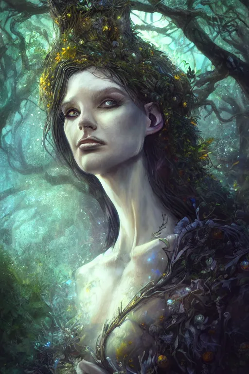 Prompt: portrait of a dryad, fantasy painting, dryad priestess inspired by brian froud, inspired by dungeons and dragons, mysterious, in an evening autumn forest, trending on art station, sunset evening lighting, ominous shadows by jessica rossier