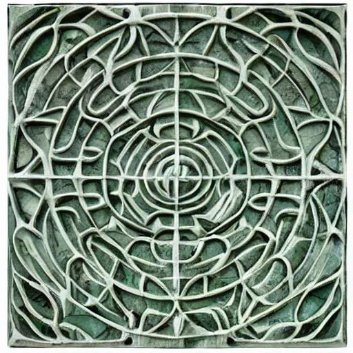 Image similar to thin lines, fractals, lichen macro, serpentine twisty maze, carved soapstone ceiling relief paneling white and pale green