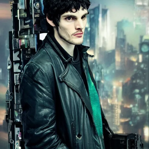 Image similar to Colin Morgan as Cyberpunk Merlin