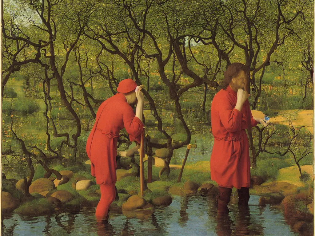 Prompt: Portrait of an artist painting at his easel knee deep in a river. Humanoid rocks, coral-like pebbles, spring orchard in bloom. Painting by Jan van Eyck, Georges de la Tour, Rene Magritte, Jean Delville, Max Ernst