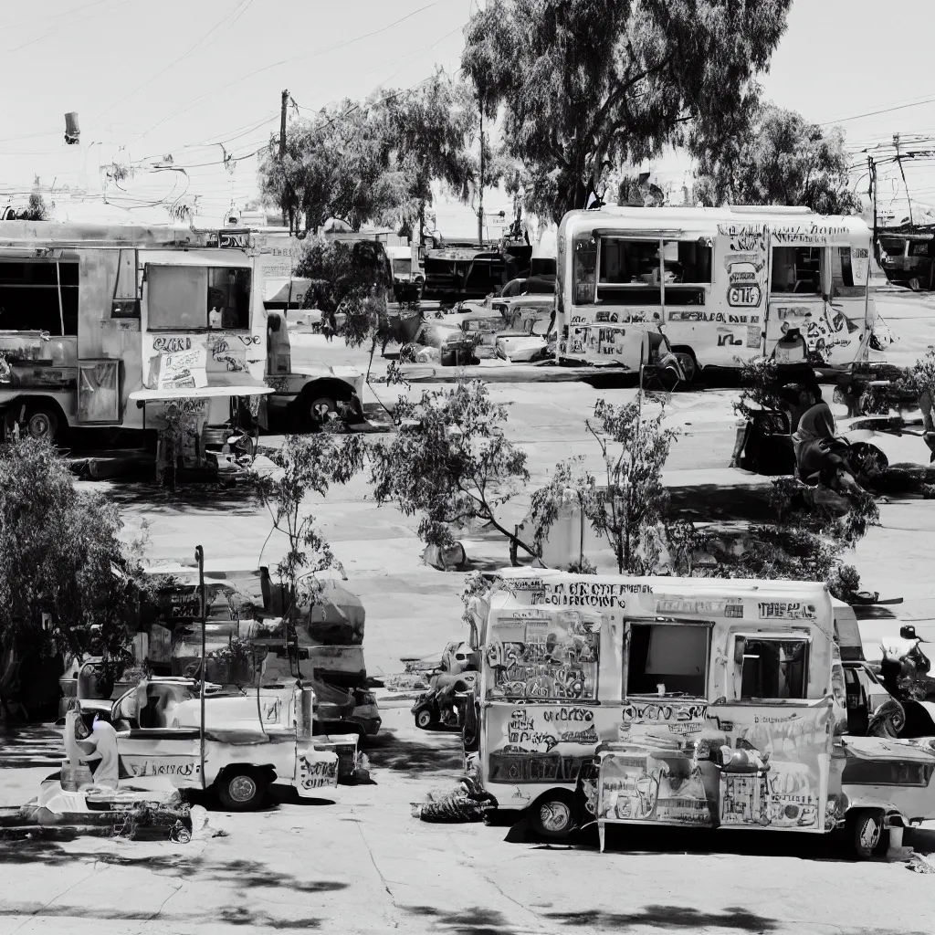 Prompt: photo of a taco truck in street view on reseda blvd in van nuys california, homeless encampment, 35mm film