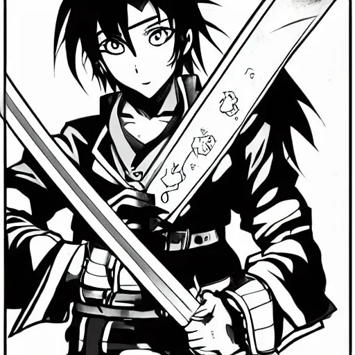 Image similar to young anime hero with a sword, illustrated by studio ghibili, manga, black and white illustration