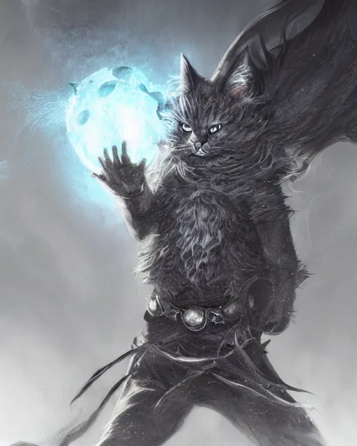 Image similar to Cat Archmage summoning shadows and fog, dark fur, glowing eyes, magic the gathering artwork, D&D, fantasy, cinematic lighting, centered, symmetrical, highly detailed, digital painting, artstation, concept art, smooth, sharp focus, illustration, volumetric lighting, epic Composition, 8k, art by Akihiko Yoshida and Greg Rutkowski and Craig Mullins, oil painting, cgsociety