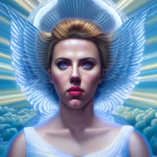 Image similar to cosmic holy angel portrait of scarlett johansson, divine light and clouds, Pixar style, by Tristan Eaton Stanley Artgerm and Tom Bagshaw.