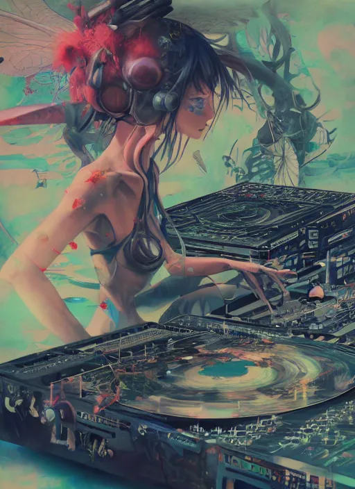 Prompt: surreal gouache painting, by yoshitaka amano, by ruan jia, by Conrad roset, by good smile company, detailed anime 3d render of a magical Dragonfly flying on a DJ Mixer, Vinyl deck, controller , portrait, cgsociety, artstation, rococo mechanical and Digtanl and electronic, dieselpunk atmosphere