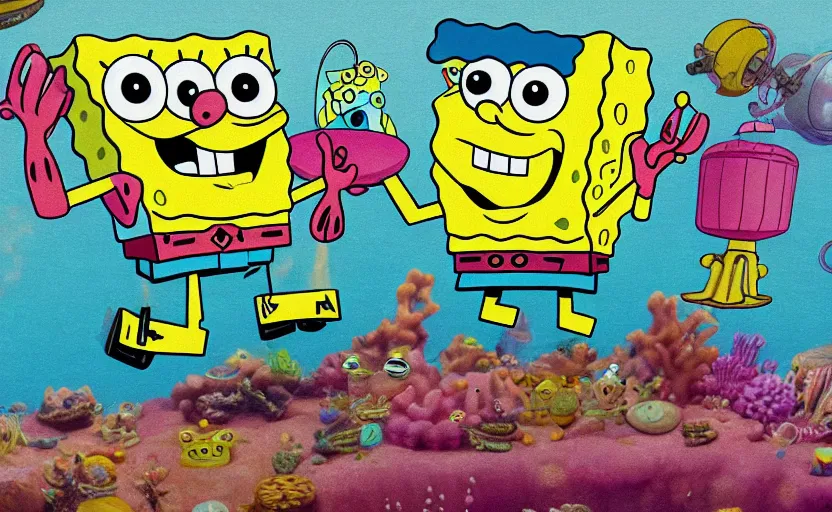 Prompt: SpongeBob, bikini bottom. trending on art station, hyper detail, #,, 35mm