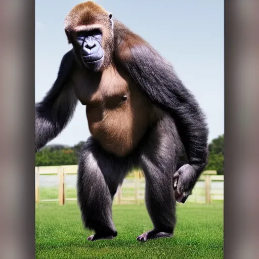 Image similar to the head of joe biden photoshopped onto a gorrilla's body, full - body shot