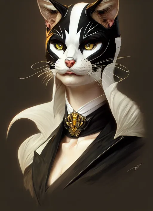 Image similar to tomcat with tuxedo markings, fantasy, intricate, elegant, hyper detailed, ultra definition, photoreal, artstation, unreal engine rendered, concept art, smooth, sharp focus, illustration, art by artgerm and greg rutkowski and alphonse mucha and garis edelweiss