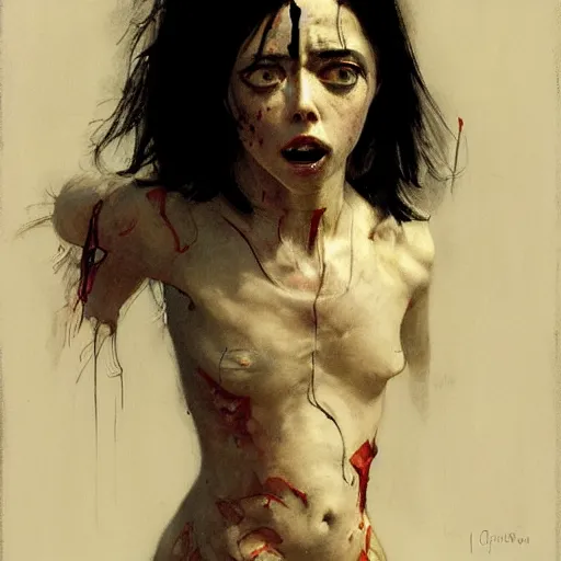 Prompt: alita crying and decaying into dust realistic illustration, intricate, elegant, highly detailed, greg manchess, mucha, liepke, ruan jia, jeffrey catherine jones, ridley scott